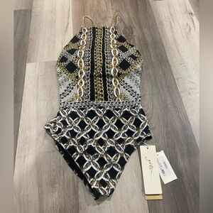 Gottex Black and Gold Chain Neck One piece Swimsuit Sz 12 Brand New